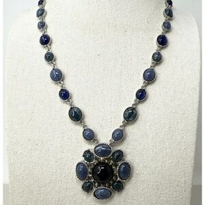 Talbots Necklace Blue Green Cabochon Stone Silver Tone Statement Jewelry